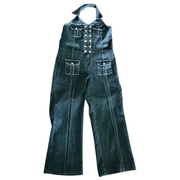 Ashley Stewart Black Denim Halter Jumpsuit Size 16 Stretch, Pockets, Retro Vibe - Picture 1 of 6